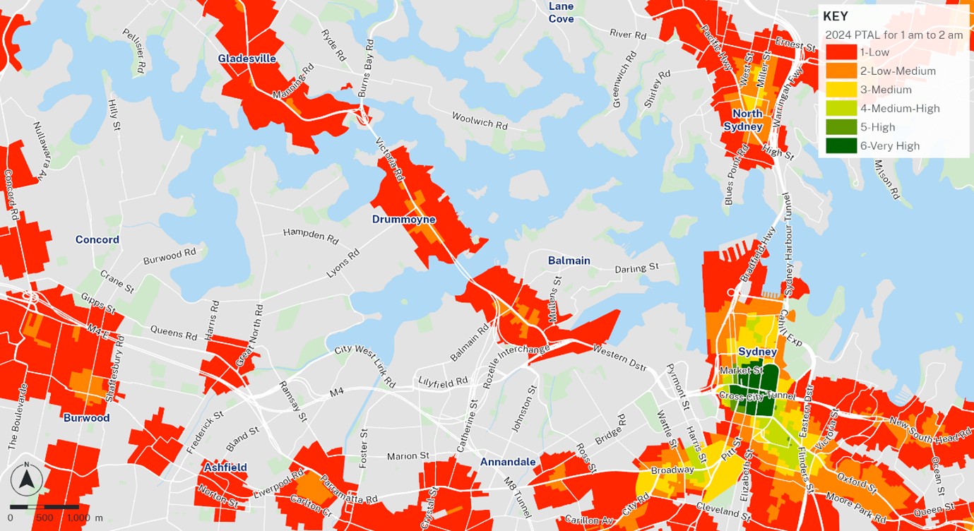 Map image of 2024 PTAL sample data from 1am to 2am.