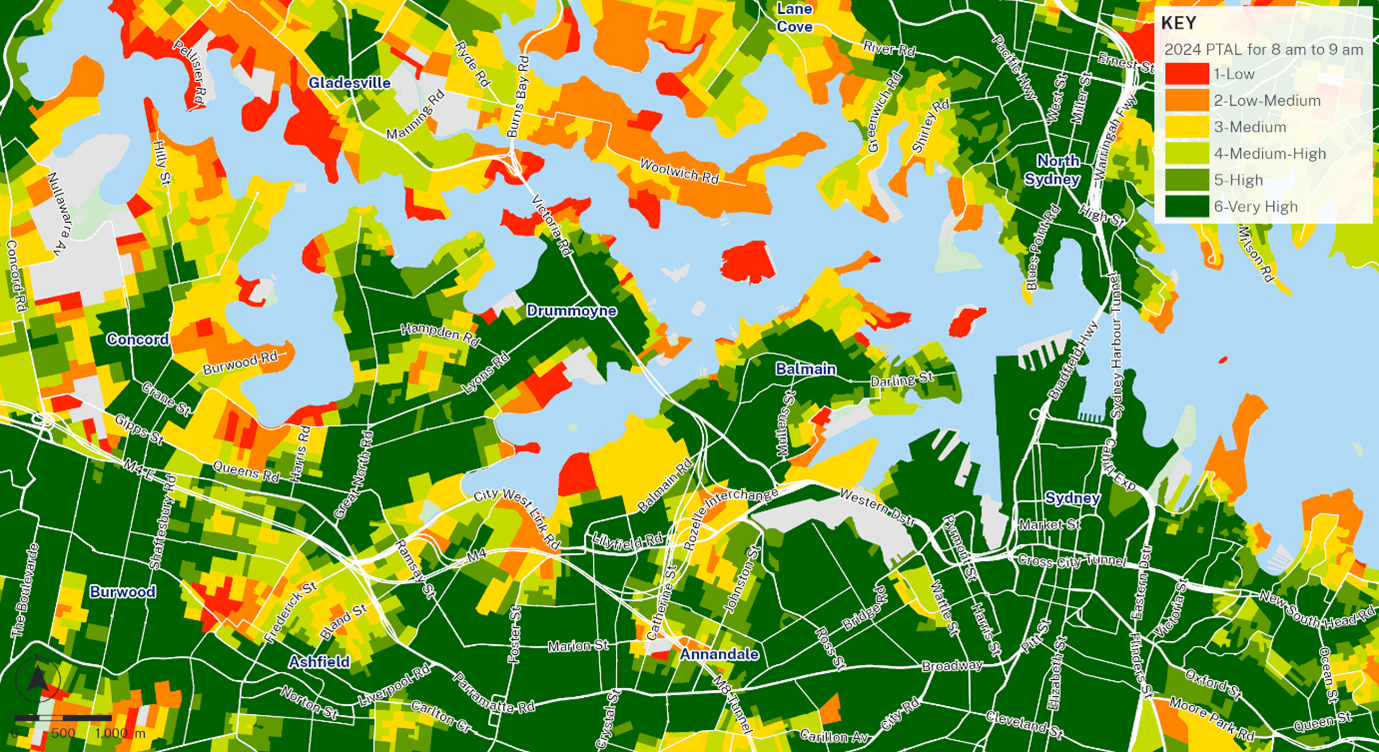 Map image of 2024 PTAL sample data from 8am to 9am.