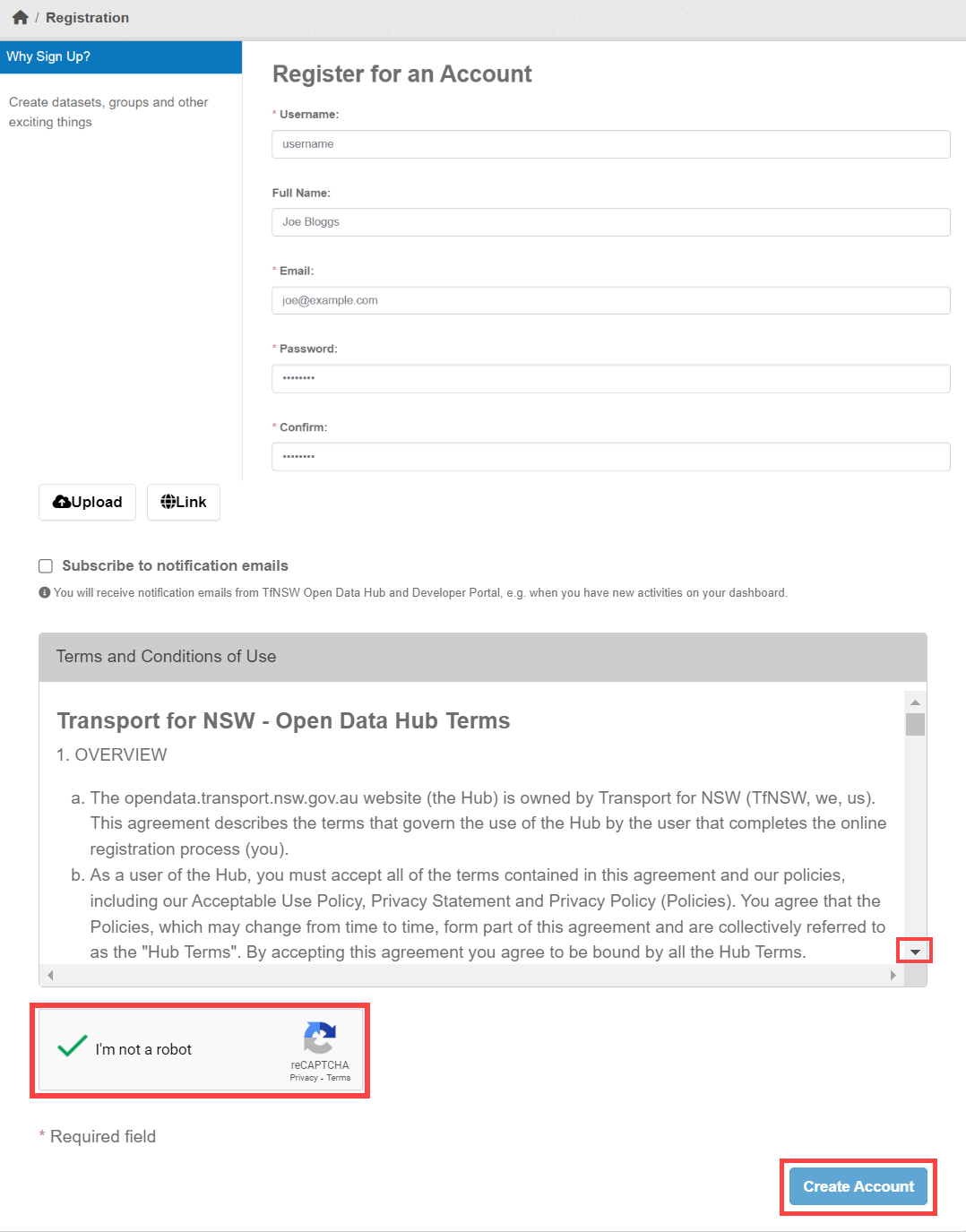 Image of Open Data Hub registration page with red square highlighting the Terms and Conditions scroll down button, a red square highlighting the reCaptcha box and a red square highlighting the create account box