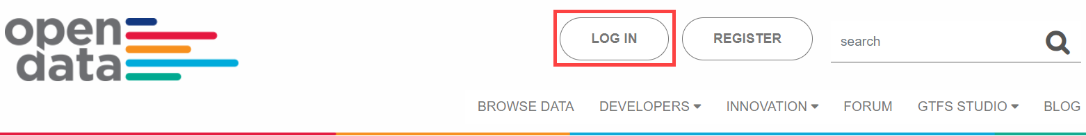 Image of the Open Data Hub page with a red square highlighting the login button