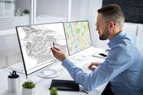 Man in office looking at maps on a computer screen.