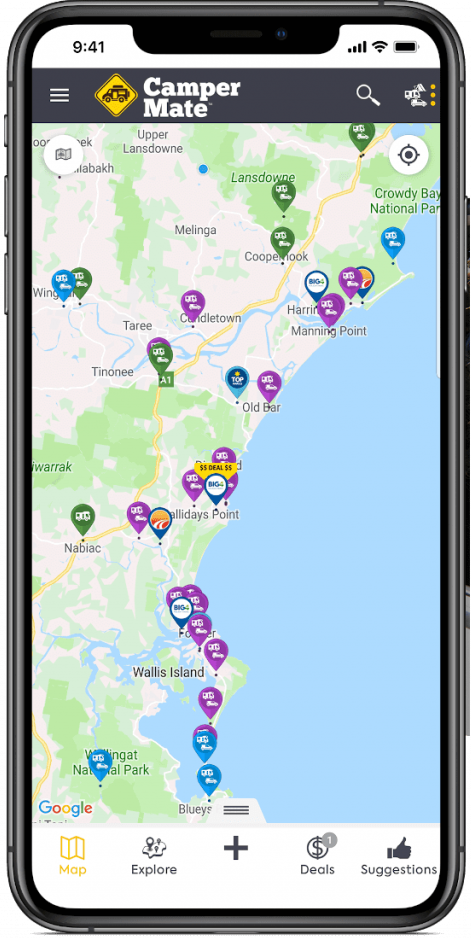 An iPhone displaying the CamperMate app interface with a map featuring pins for points of interest