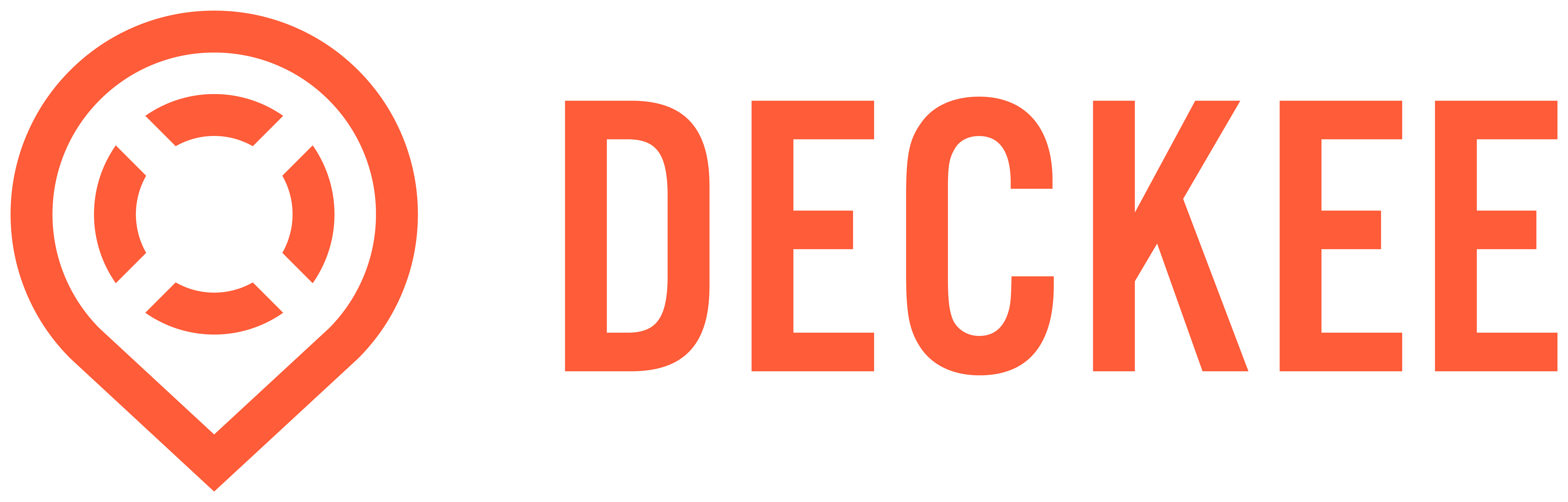 The logo for Deckee, which features bright orange text that says 'DECKEE' to the right of a bright orange map pin outline with a buoy inside