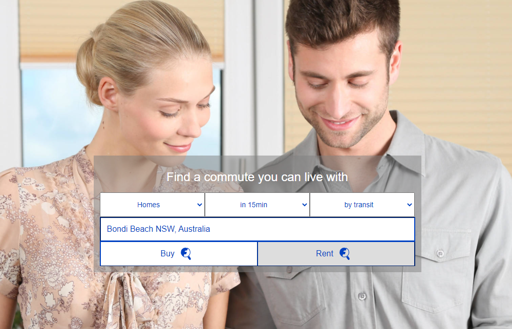 A photo of a woman and a man standing next to each other and looking down towards an overlay of the search and filter box from the Finderful website which is titled 'Find a commute you can live with'