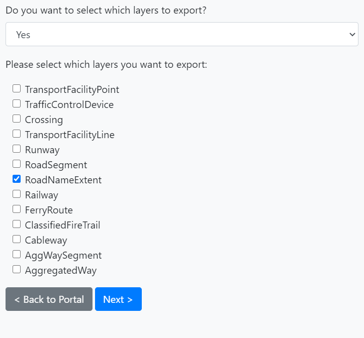 Layers to Export Page