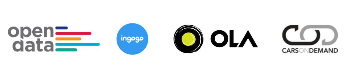 Four logos displayed horizontally for Open Data, Ingogo, Ola and Cars On Demand