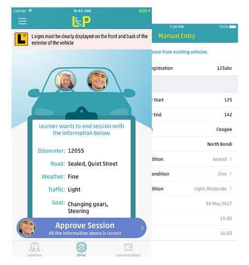Two screenshots of the L2P app interface partially laid over each other. The top screenshot shows the session details from a drive, with the bottom screenshot showing a form for manual entry of a drive