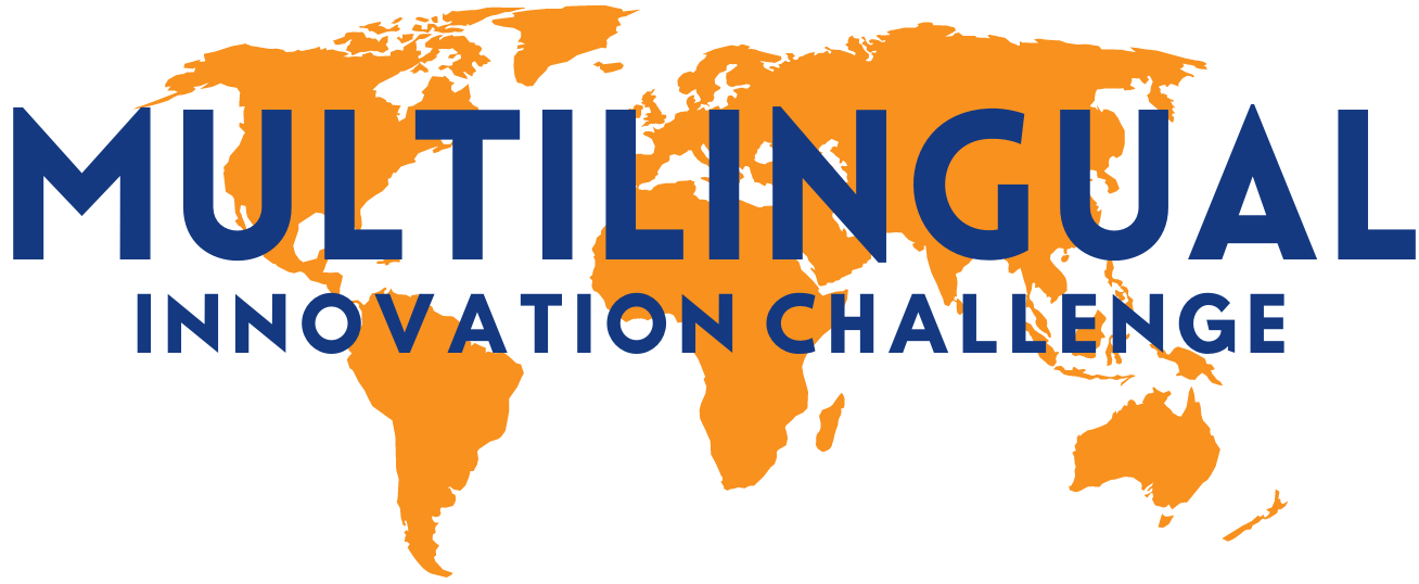 Multilingual Innovation Challenge text set over orange world map