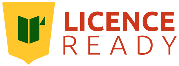 Red text that reads 'Licence Ready' over two lines to the right of a yellow shielf icon with a green book icon inside it