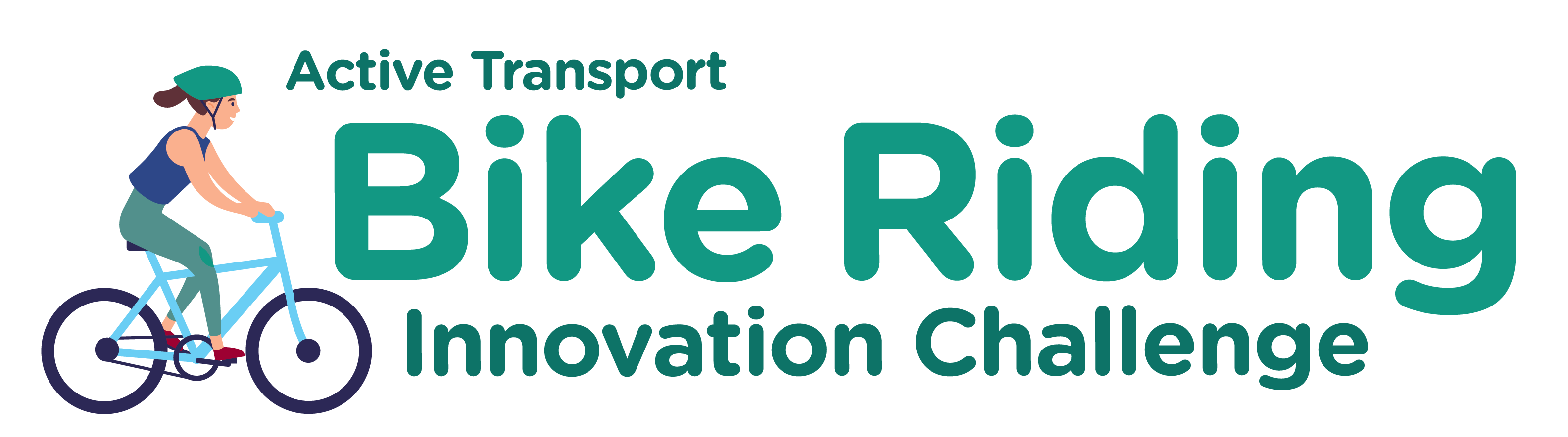 An illustration of a woman in a helmet riding a bike to the left of the text 'Active Transport Bike Riding Innovation Challenge'