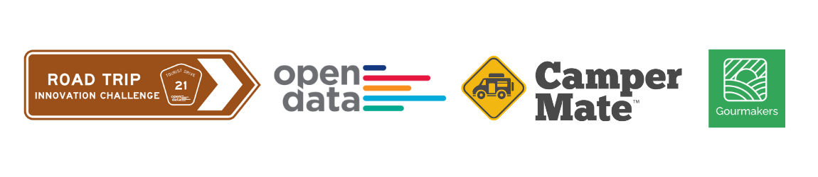 Four horizontal logos for the Road Trip Innovation Challenge, Open Data, CamperMate and Gourmakers