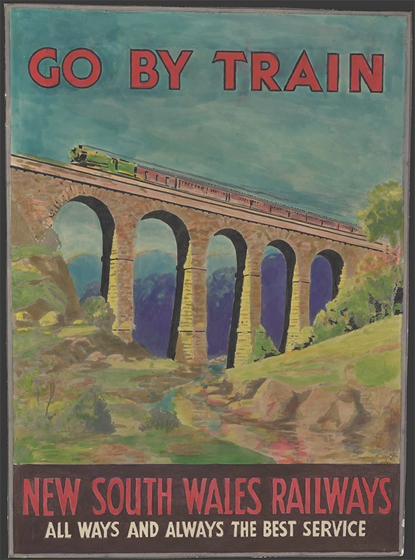 An old poster with a painting of a bridge over a landscape with a train driving across. At the top is the text 'GO BY TRAIN' and at the bottom is the text 'NEW SOUTH WALES RAILWAYS' above the text 'ALL WAYS AND ALWAYS THE BEST SERVICE'
