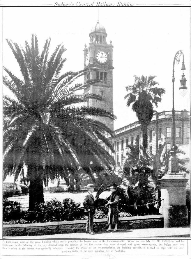An old black and white photo from a newspaper clipping that shows Sydney Central Railway Station 