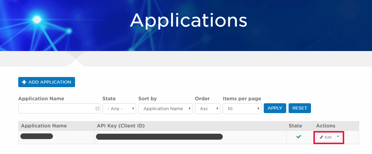 Image of the applications page highlighting the edit application button