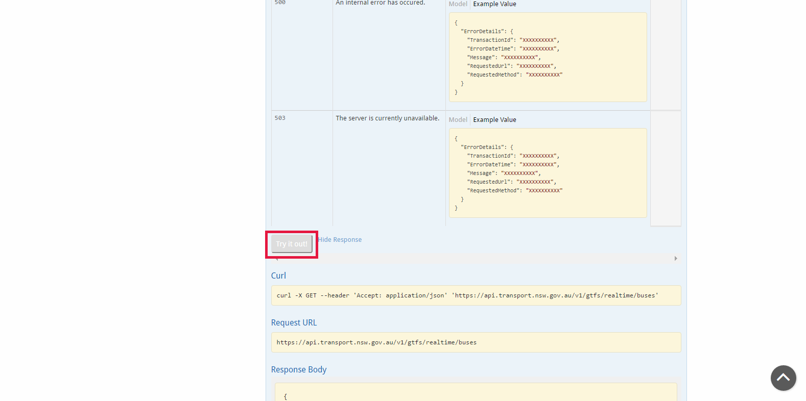 Image of the API explorer highlighting the try it out button
