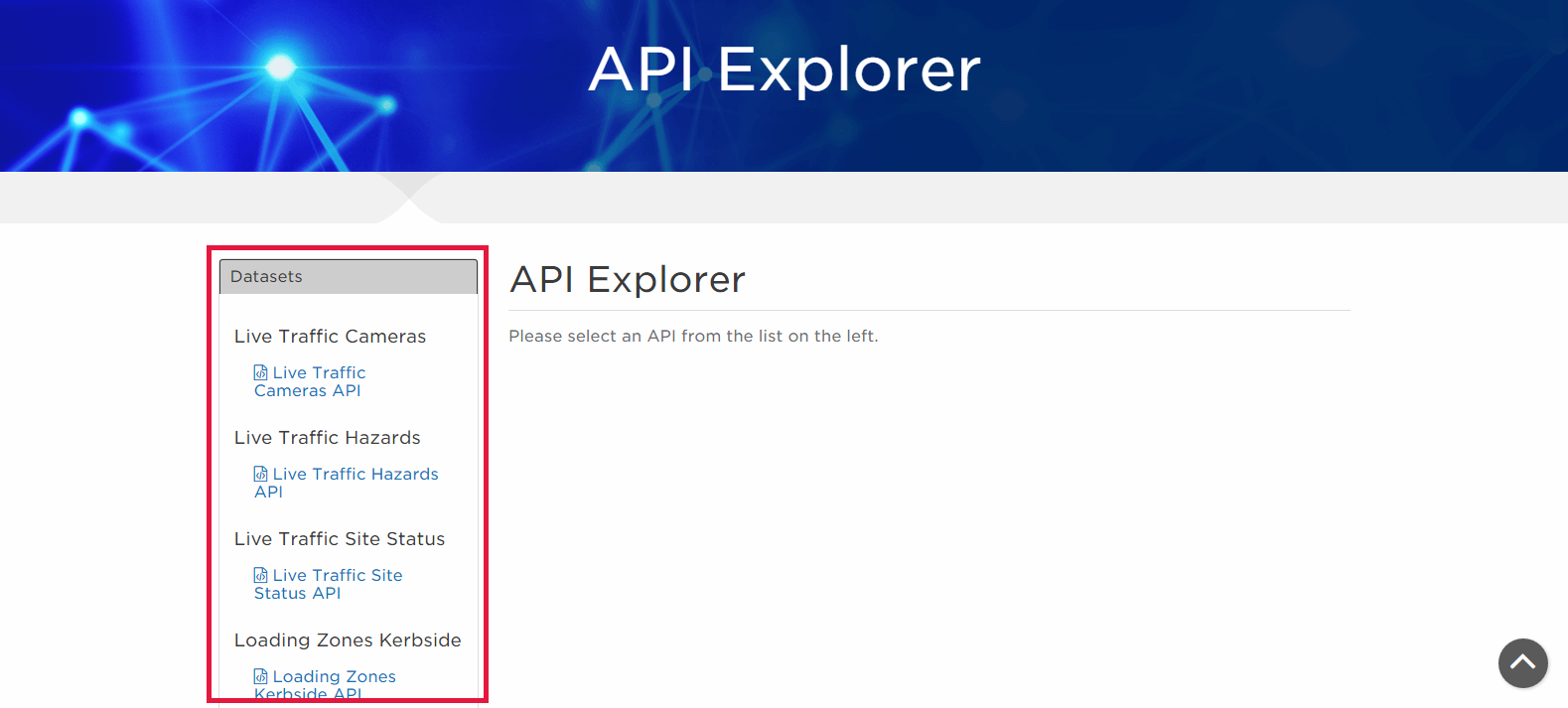 Image of the API explorer highlighting the list of datasets on the left hand sidebar