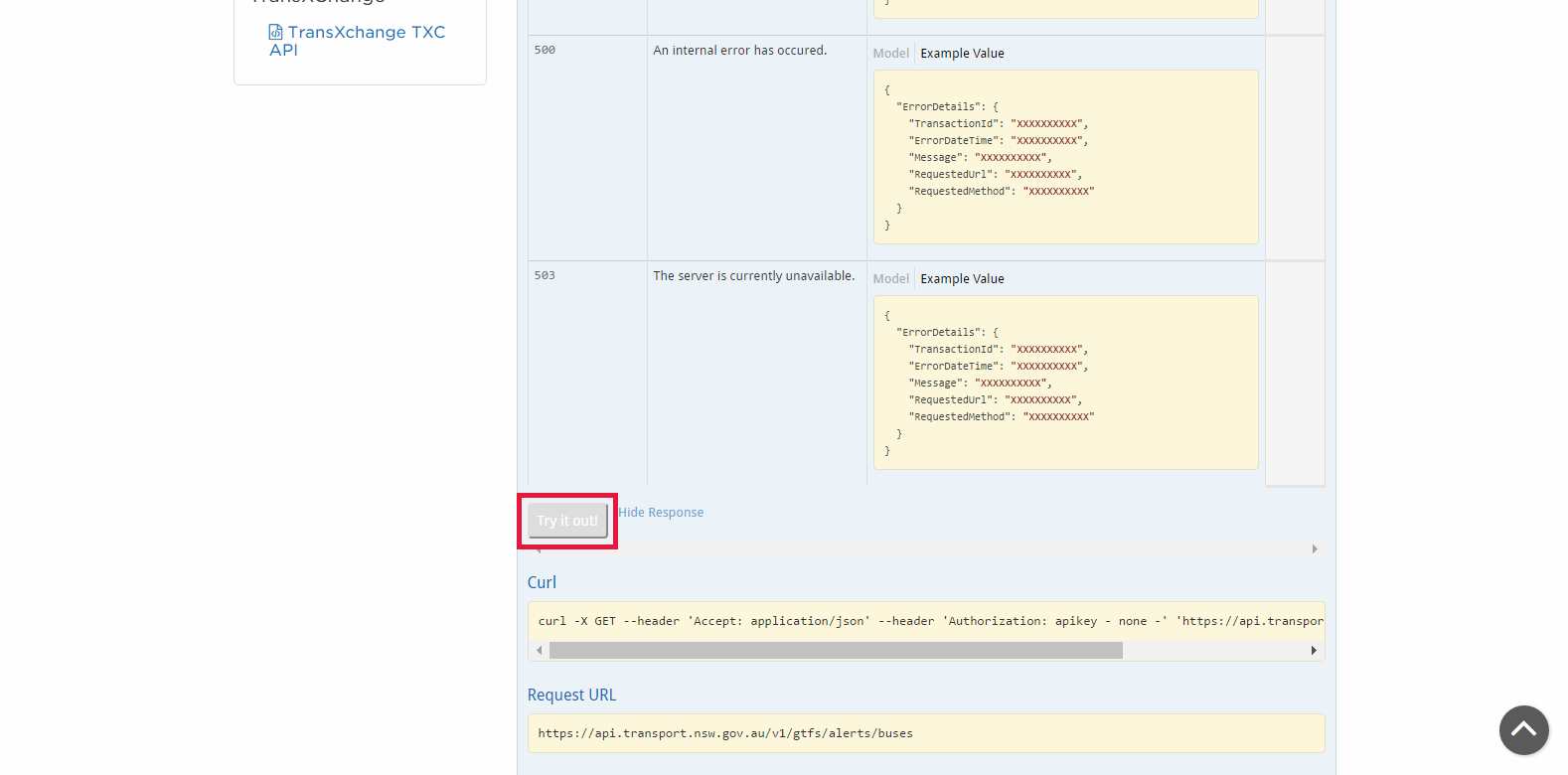 Image of the API explorer showing the query response, request URL and curl command