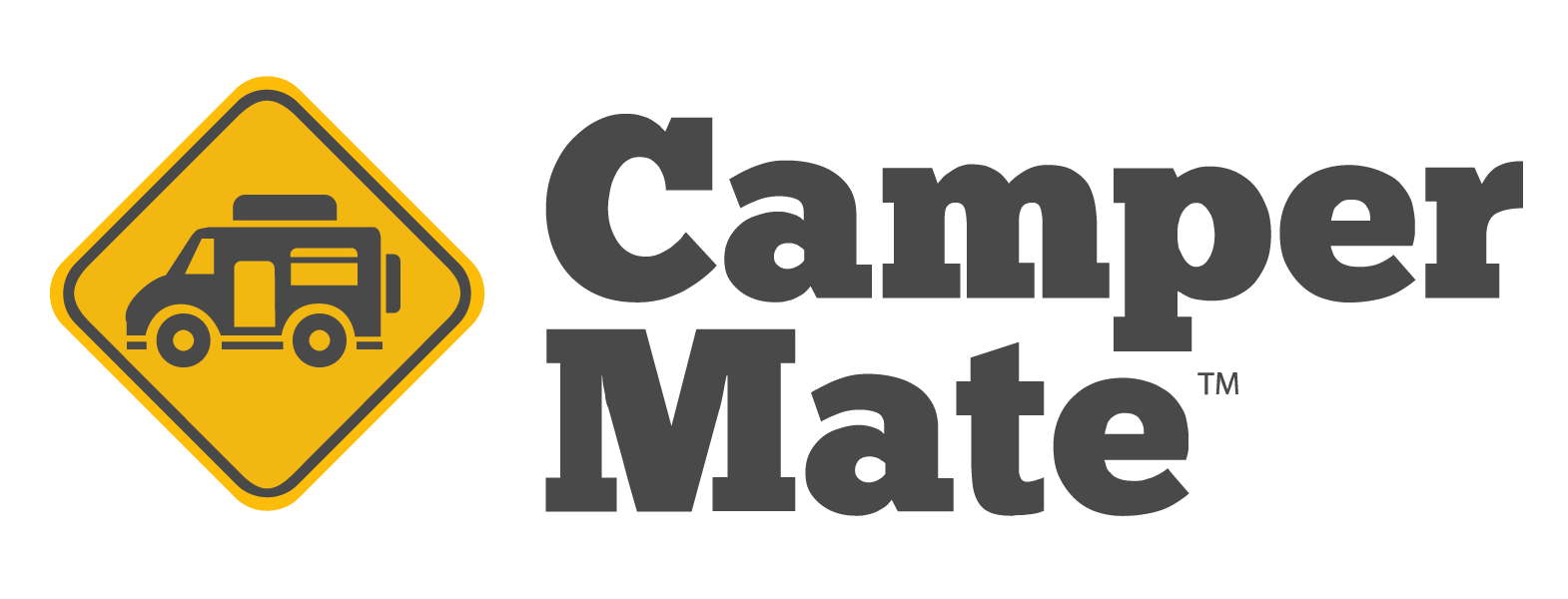 A yellow diamond sign icon with a dark grey camper van illustration inside, with grey text to the right that reads 'Camper Mate'