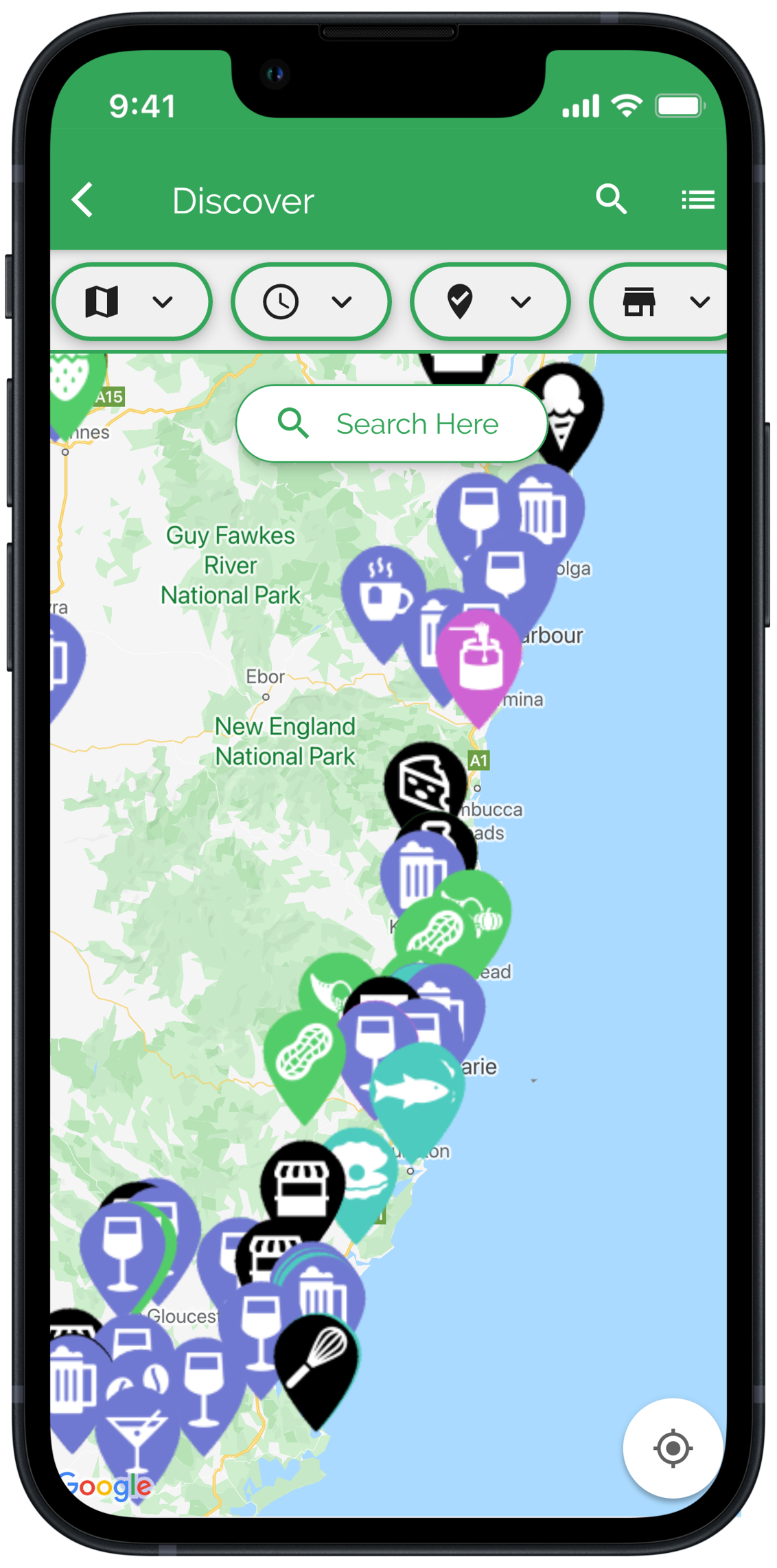 An iPhone displaying the Gourmakers app interface with a map featuring pins for points of interest