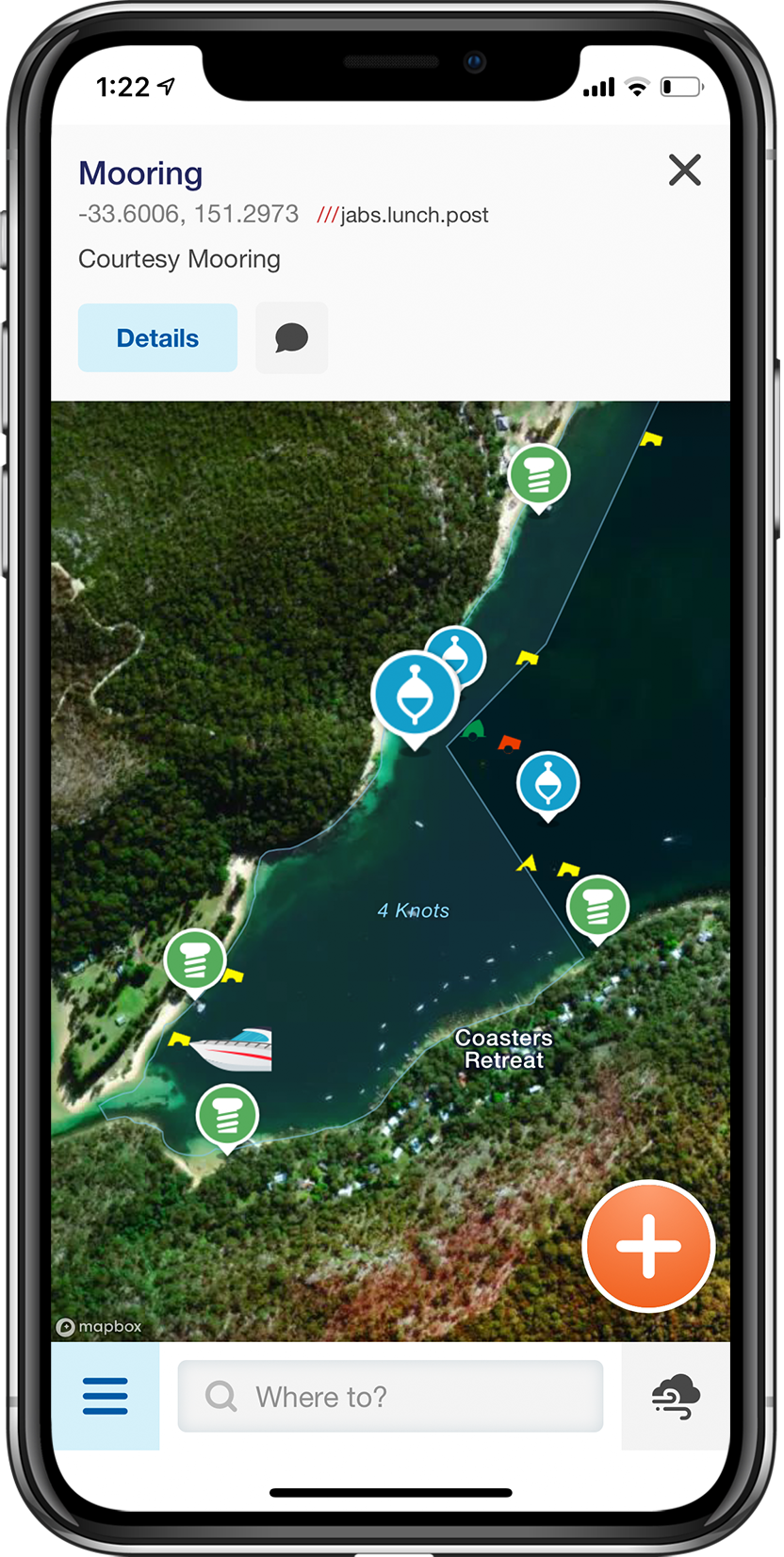 An image of an iPhone showing the Deckee app interface. The screen shows a photo of a coastal bay with map pins marking moorings.