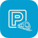 A rounded blue square with a white line drawing of a P and a car